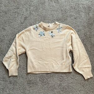H&M Embroidered Floral Cropped Cream Sweater with Balloon Sleevs